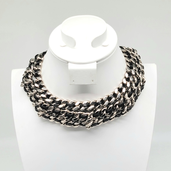 Yves Saint Laurent HEAVY Triple Curb Chain Statement Necklace w Leather Inlay - Picture 7 of 13